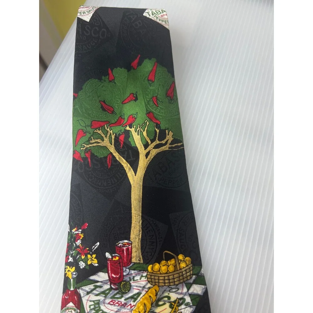 Tabasco Mens Silk Necktie‎ Black Novelty BBQ Grilling Hot Sauce Logo Print Tie